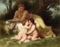 Junge Frau Nachsinnen Zwei Umarmen Kinder Realismus William Adolphe Bouguereau